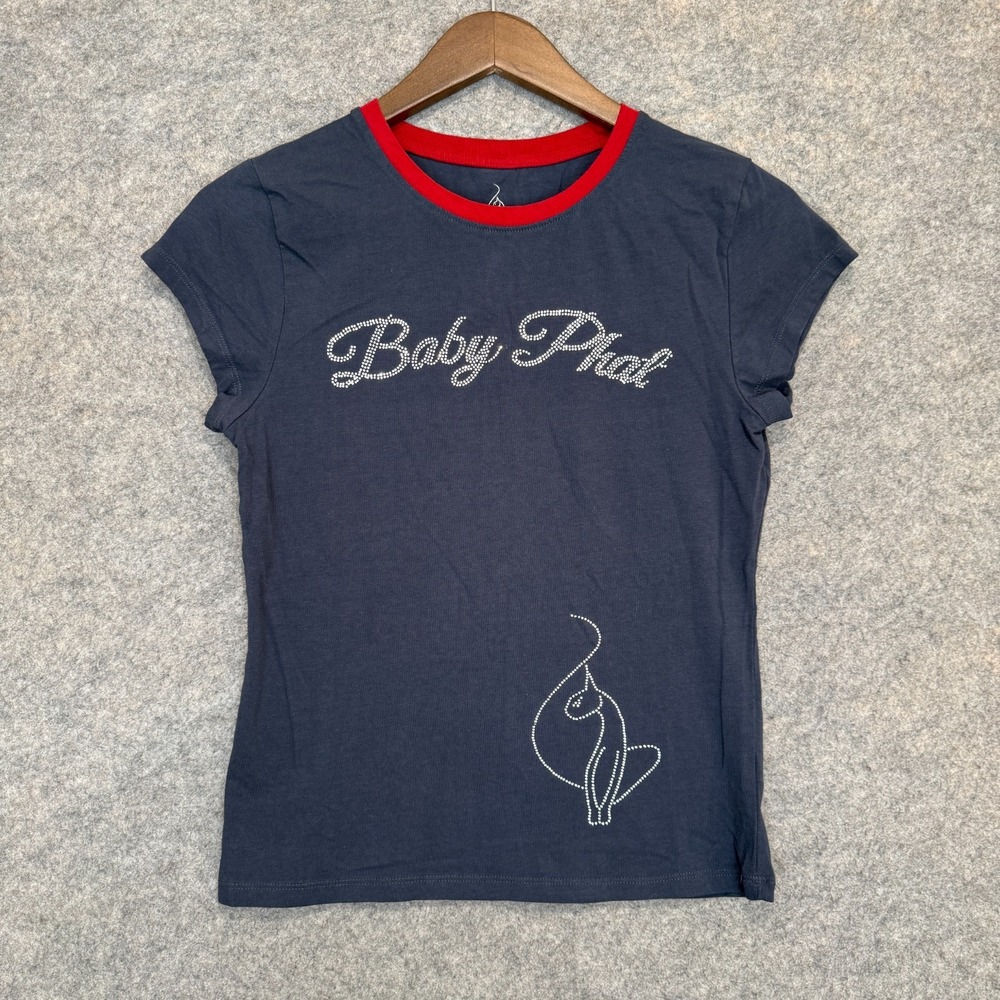 Baby Phat T Shirt Womens Large Embroidered Beaded Top Cat Blue Red Tee Crew